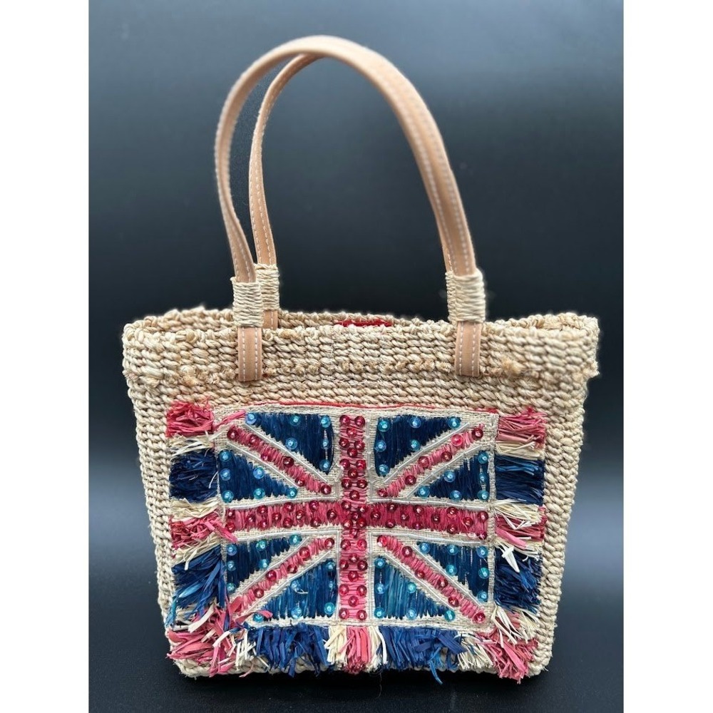 Amanda Smith Straw Tote Bag British Union Jack‎ Sequin Fringe Beach Summer